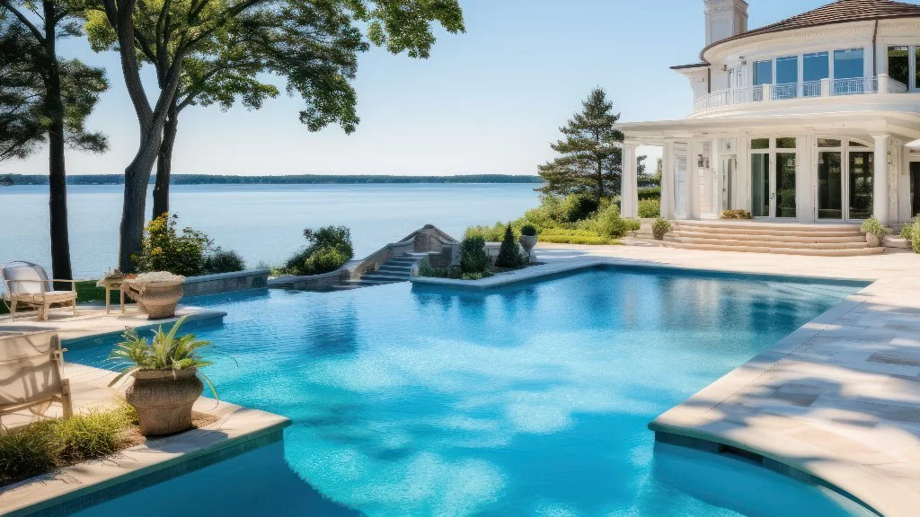New pool installation with infinity edge at luxury home in East Hampton, NY.